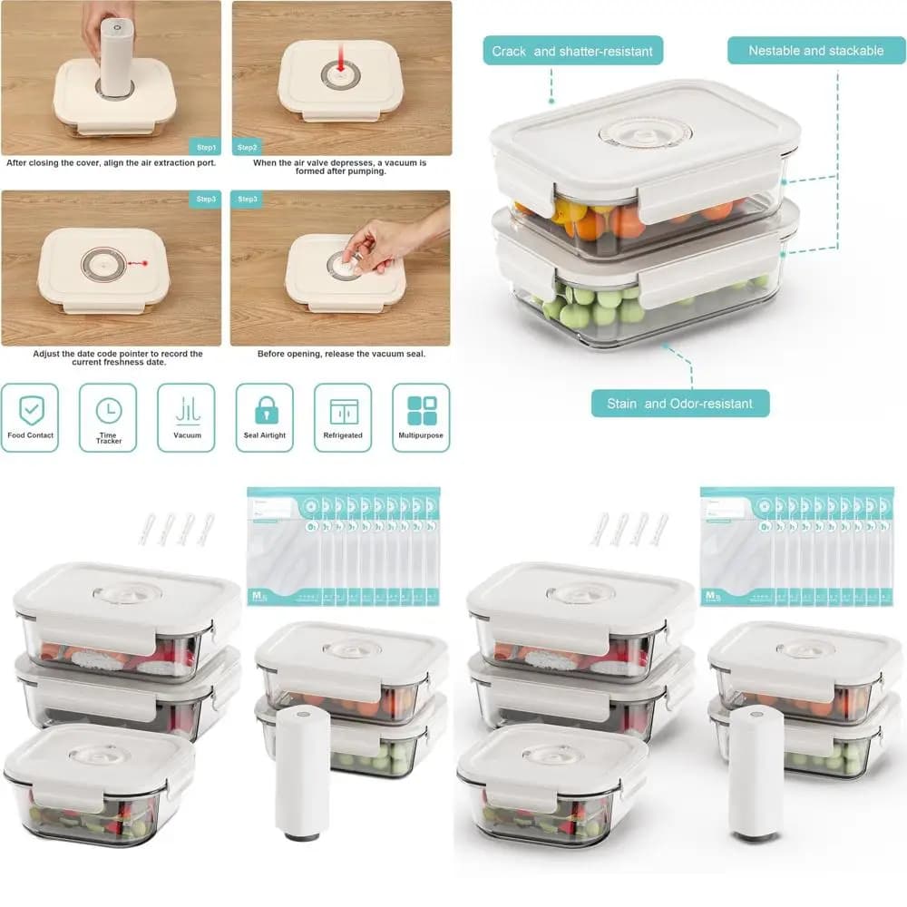 Set di 6 contenitori in vetro sottovuoto con 10 sacchetti Sous Vide e pompa automatica per la preparazione e la freschezza dei pasti