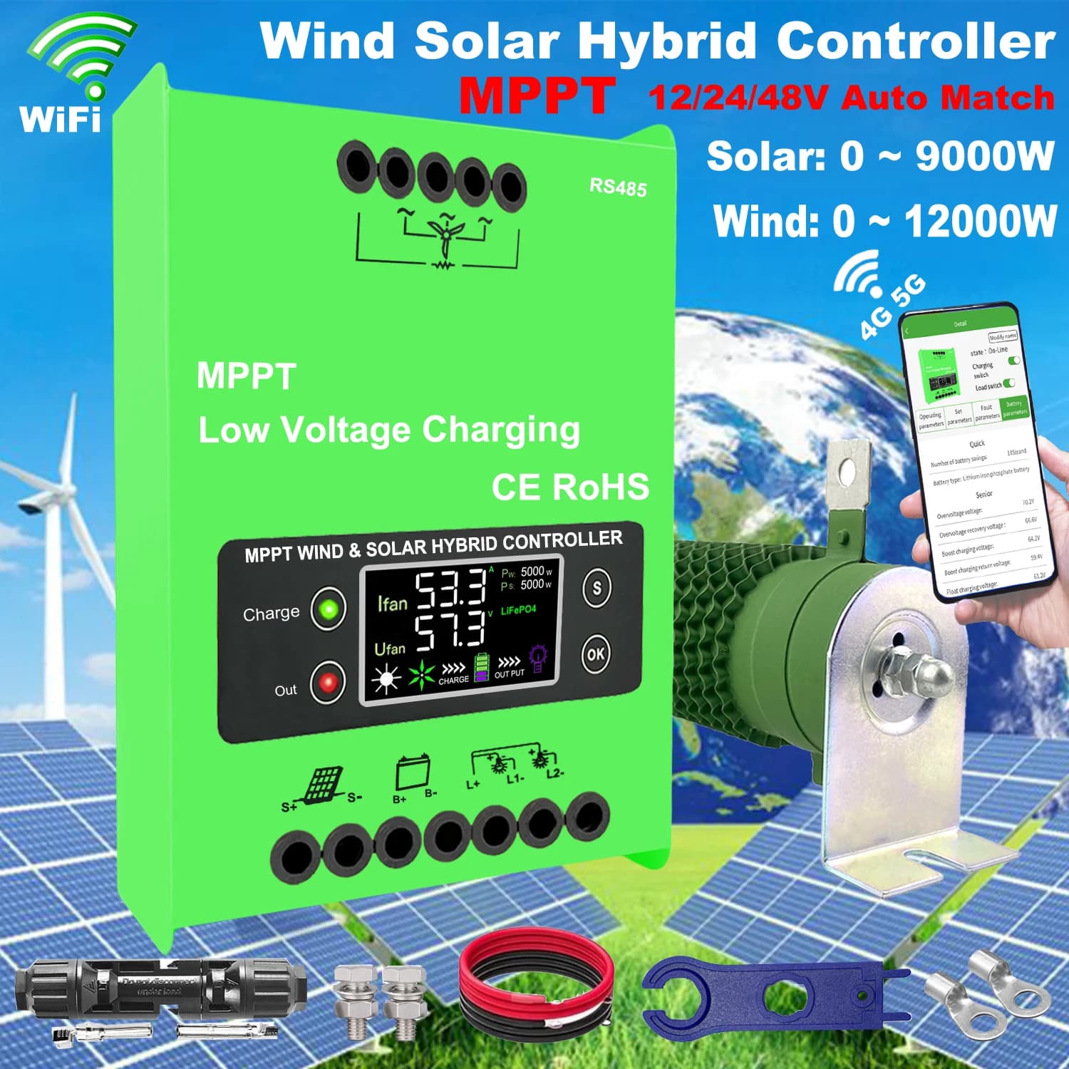 3000W 12V 24V 48V MPPT Hybrid Charge Controller Wind Generator Solar Panel Charger LCD Display Dump Load For Household Systems