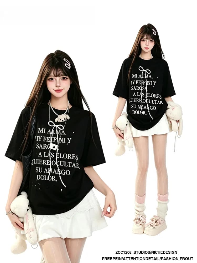Black Sweet Cool Knot Letter Print Short Sleeve T-Shirt Women's Spring Summer New Korean Style Pure Cotton Loose Top