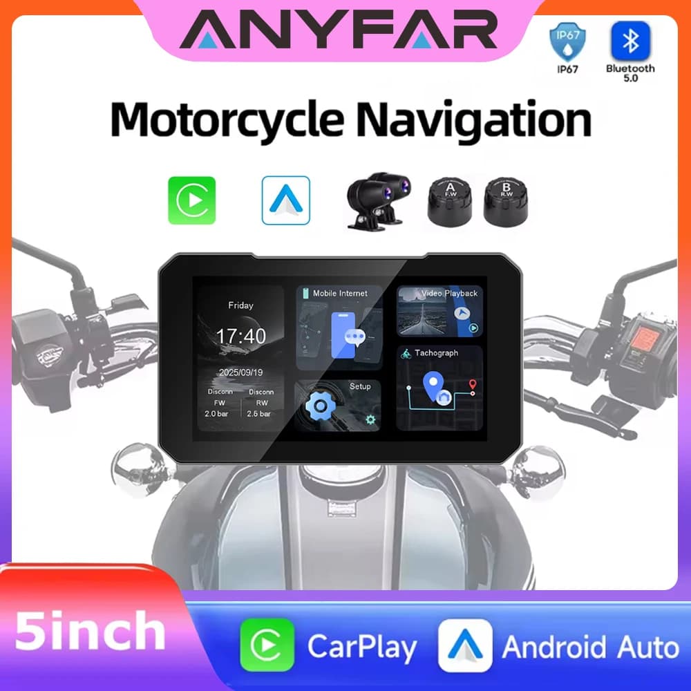 5 Inch Touch Screen Motorcycle CarPlay Screen Support Dual Camera Record with Wireless CarPlay and Android Auto IP67 Waterpr