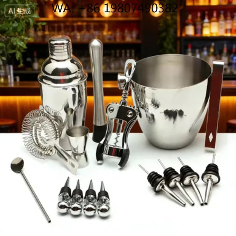 16Pcs Eco Friendly Stainless Steel Cocktail Shaker Bar Kit 750ml Full Accessories Ice Bucket Jigger Opener Ice Tongs Muddler For