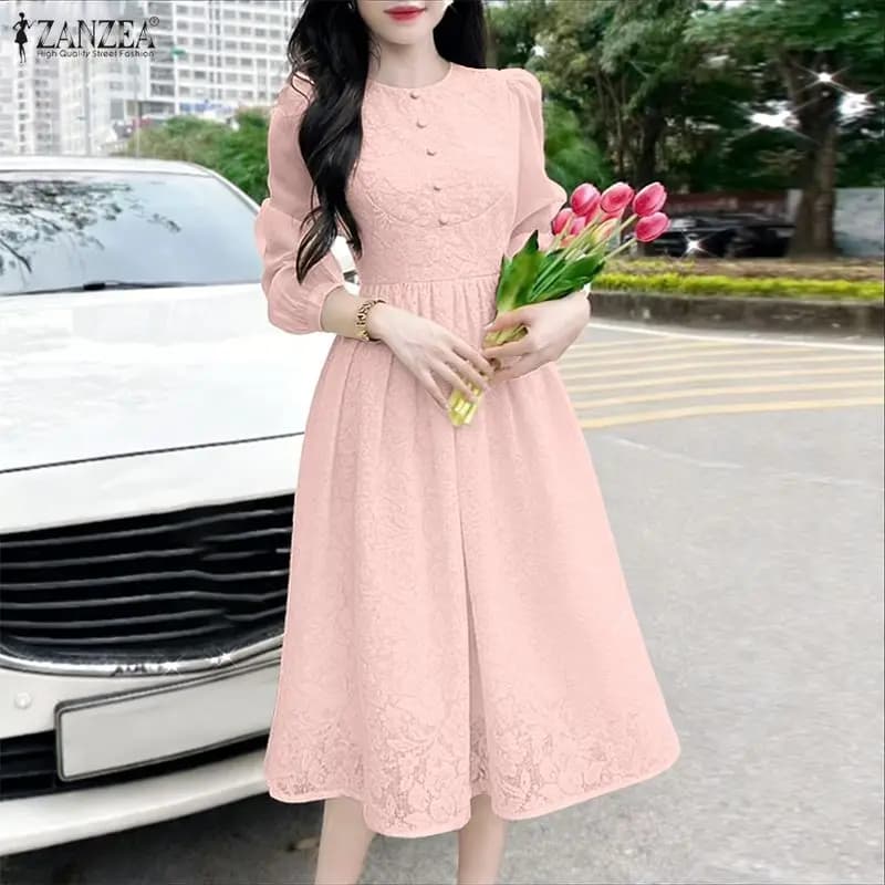 ZANZEA Fashion Summer Women Long Dress Spring Lace Patchwork Dresses O Neck Streetwear Long Sleeve Vestidos OL Work Party Dress