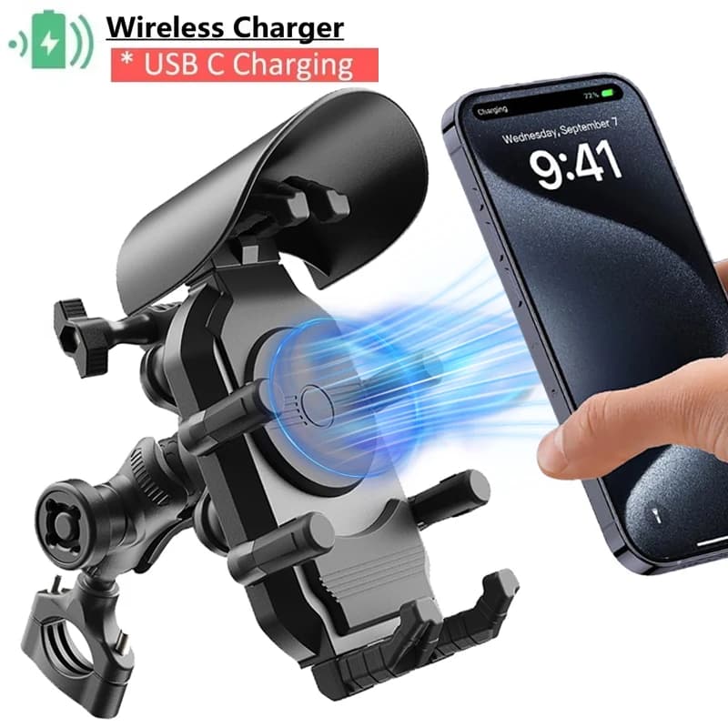 Supporto per telefono per moto antiurto Caricabatterie wireless da 15 W e supporto per scooter per bici da bicicletta da 18 W USB 30 W tipo C a ricarica rapida