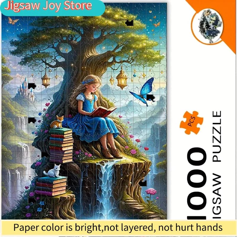 Puzzle Magico da 500/1000 Pezzi Castello delle Fiabe con Ragazza, Albero, Gatto, Castello e Cascata - Colori Vivaci, Sfida Creativa