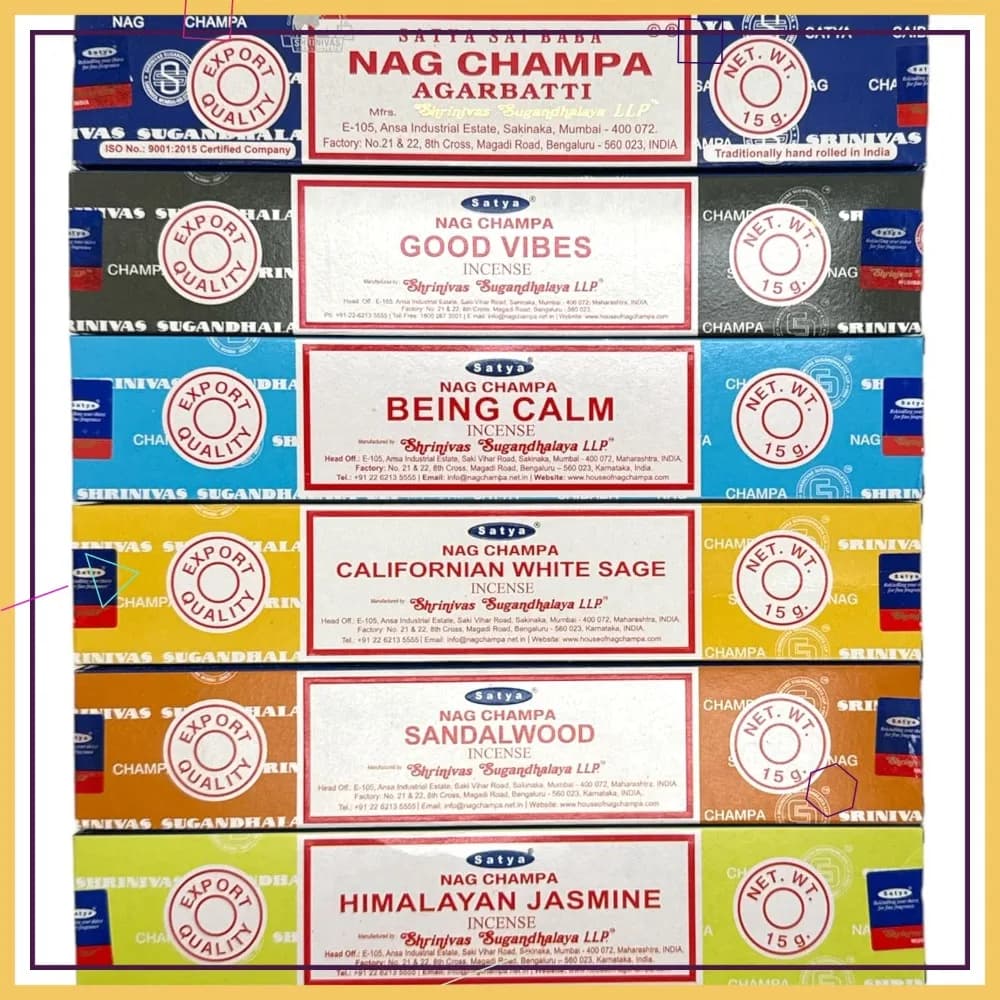 Set Assortito di 6 Confezioni di Bastoncini d'Incenso Nag Champa, Sandalo, Salvia Bianca e Gelsomino - Aromi Rilassanti