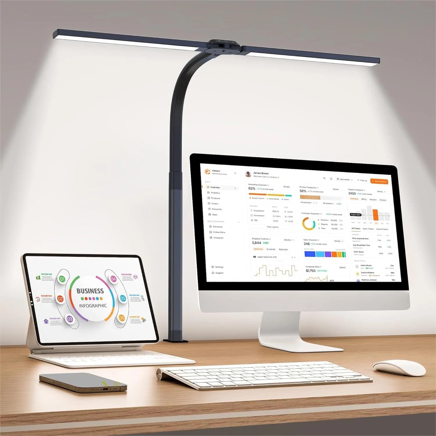 Lampada da Scrivania LED con Morsetto, 24W, Doppia Testa, Lampada da Lavoro per Architetti, Dimmerabile a Regolazione Continua, Collo Flessibile per Casa, Ufficio e Lettura