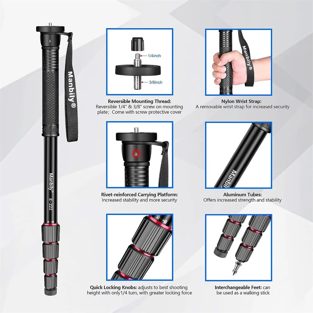 Manbily E-222 Monofoot for 65" camera and trek stick - 15.4 lb load, aluminum, fast rotating locks, interchangeable feet with transport bag