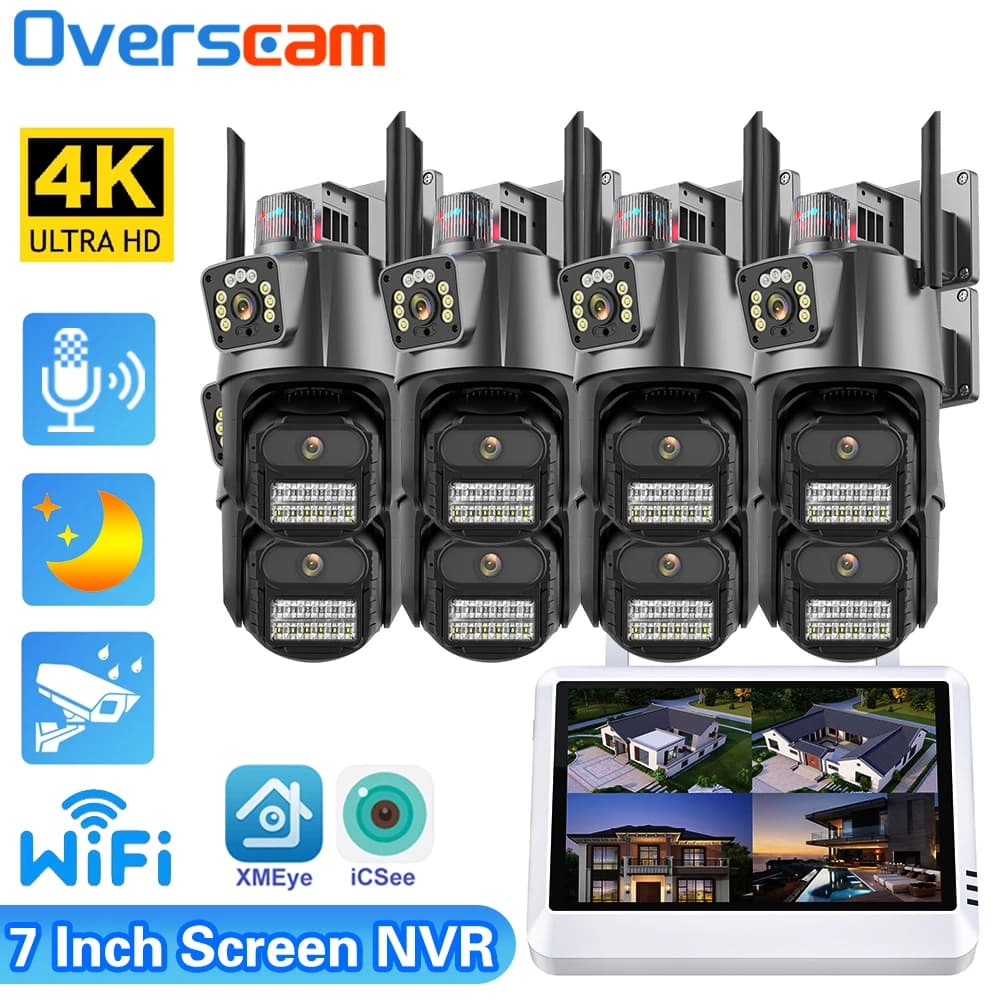Kit di telecamere di sicurezza wireless a doppio obiettivo da 8 MP Set di sistemi CCTV di sorveglianza con telecamera IP per esterni con monitor da 7 pollici NVR 8CH