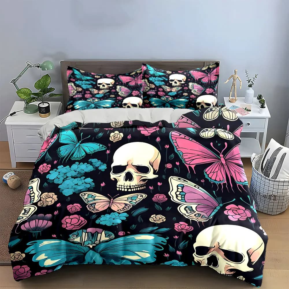 Set di biancheria da letto con decorazioni floreali a forma di farfalla e teschio, con 1 copripiumino e 2 federe, singolo, matrimoniale, king size, queen size, idea regalo