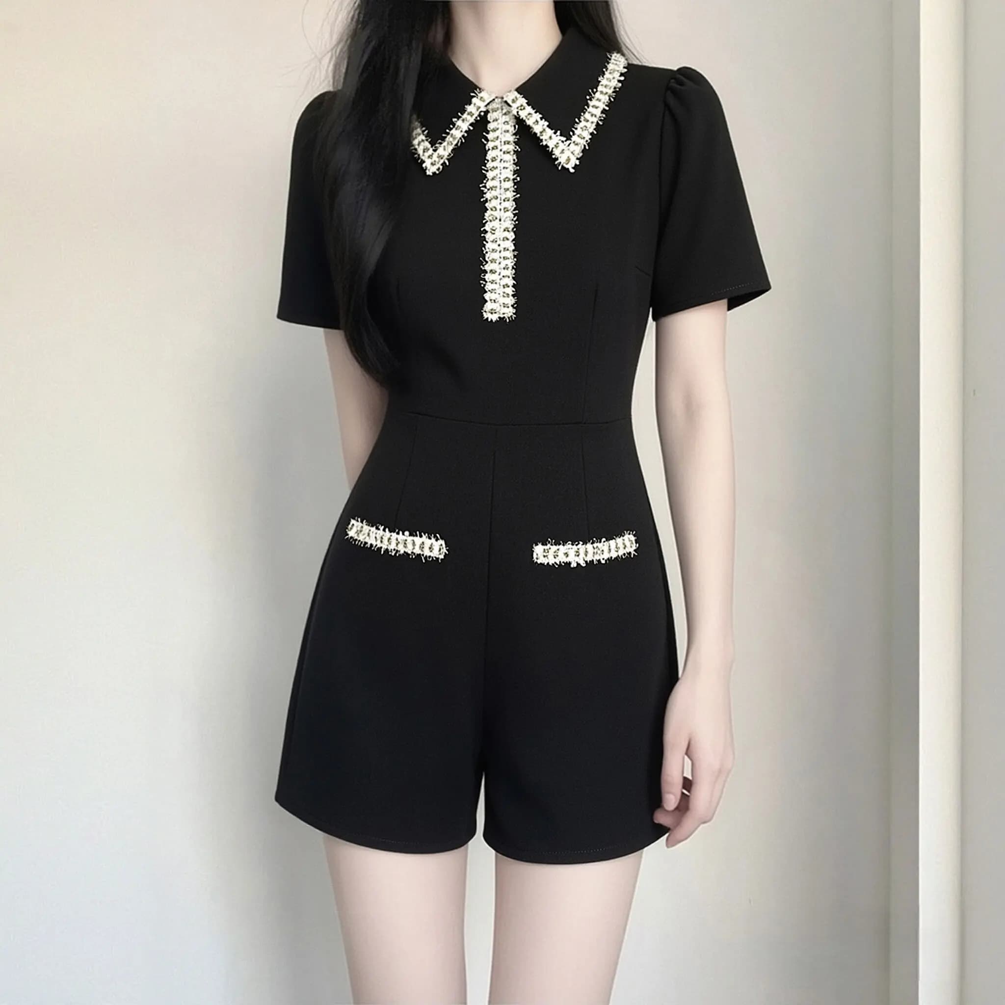 Summer 2026 Women's High Waist Short Sleeve Romper Slimming Shorts Turn-down Collar One-piece High Waist Polyester Fiber