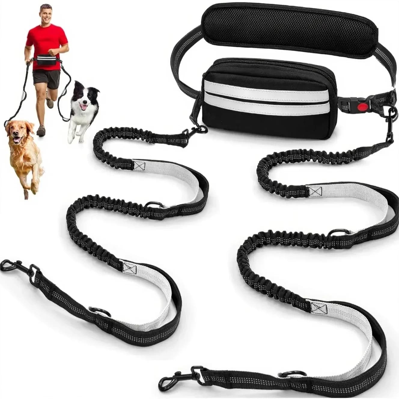 Guinzaglio per cani a mani libere per 2 cani con blocco di sicurezza e cintura extra spessa, doppio guinzaglio retrattile per passeggiate e corsa, nero