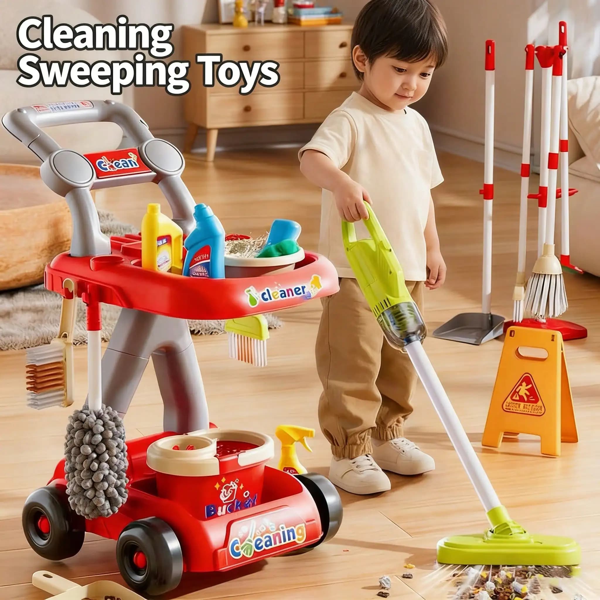 Set di Giocattoli per la Pulizia per Bambini, Aspirapolvere Elettrico, Attrezzi per Giochi di Ruolo, Set Scopa e Mop per Bambini