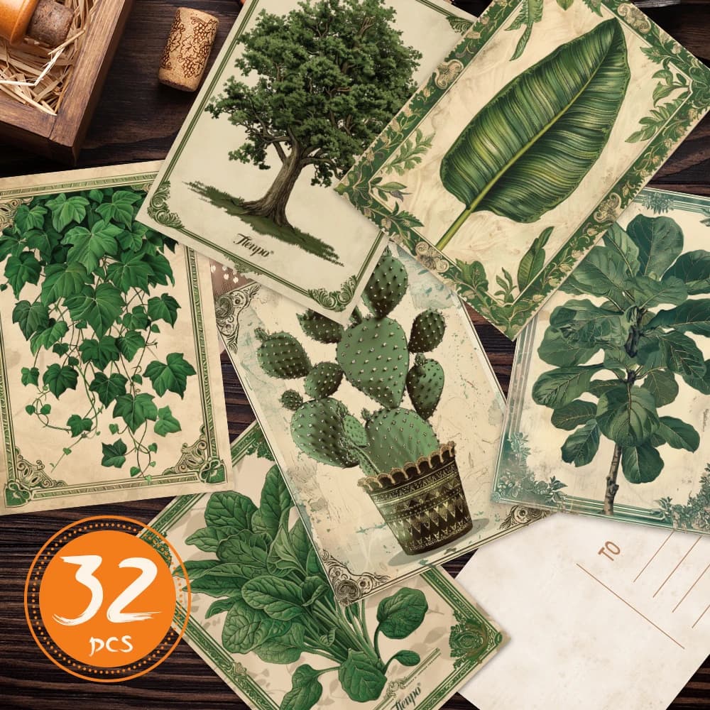 Serie di cartoline decorative con guida per piante vintage da 32 pezzi, biglietti d'auguri per piante, adesivi murali, decorazioni per la camera da letto, cartoline retrò