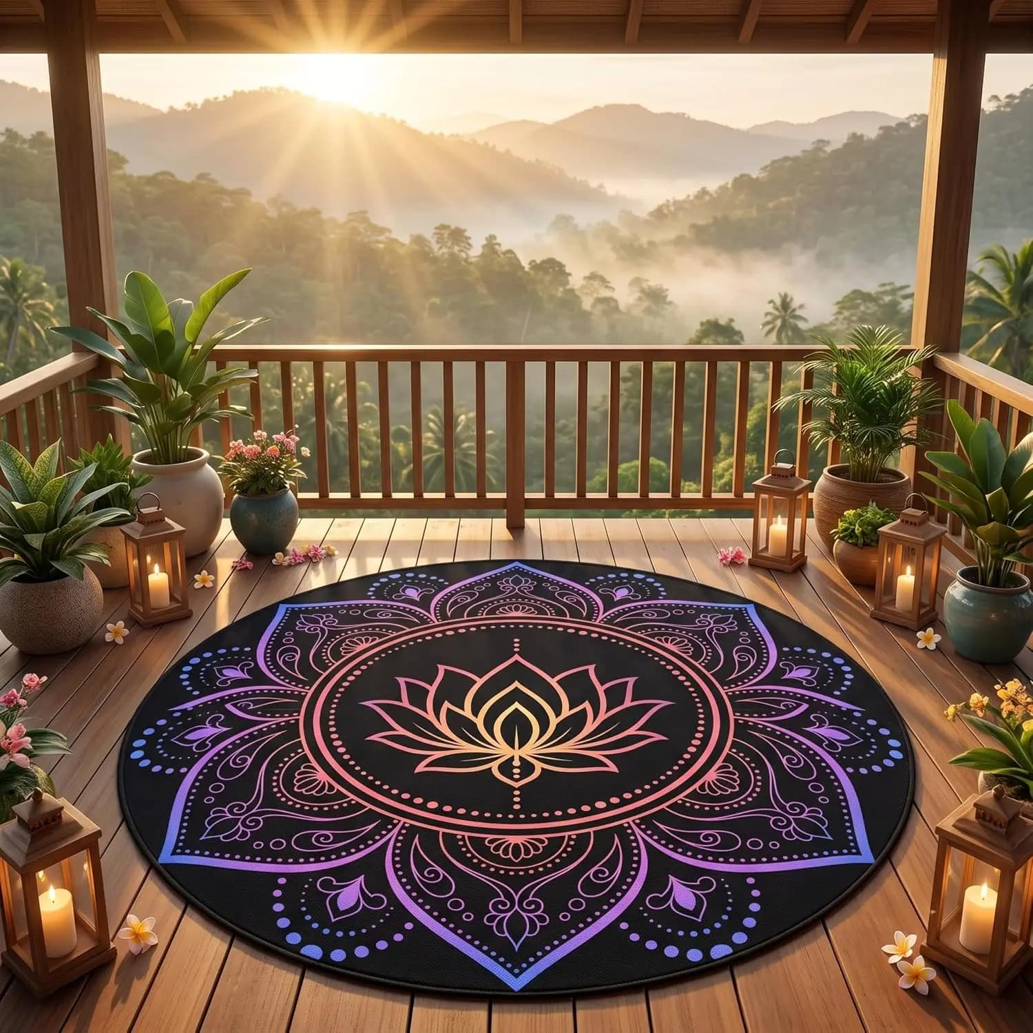 Round Black Mandala Lotus Floor Mat Cushion Boho Tribal Design Yoga Meditation Rug Decorative Living Room Area Carpet Home Decor