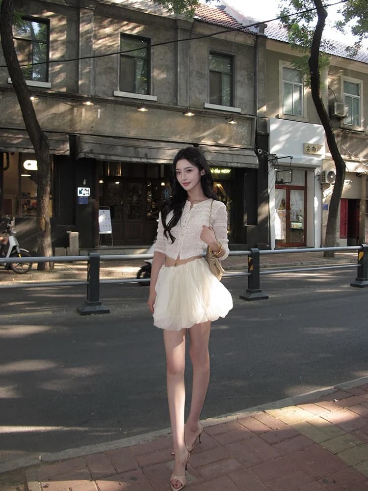 Chic Lace Short Sleeve Open Cardigan Top And Puffy Flower Bud Half Skirt Two Piece Set Women's Fashion Spring Summer Outfit
