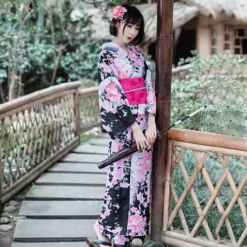 Asian polyester kimono pink female pattern Sakura bathrobe for Japanese fireworks conferences + belt