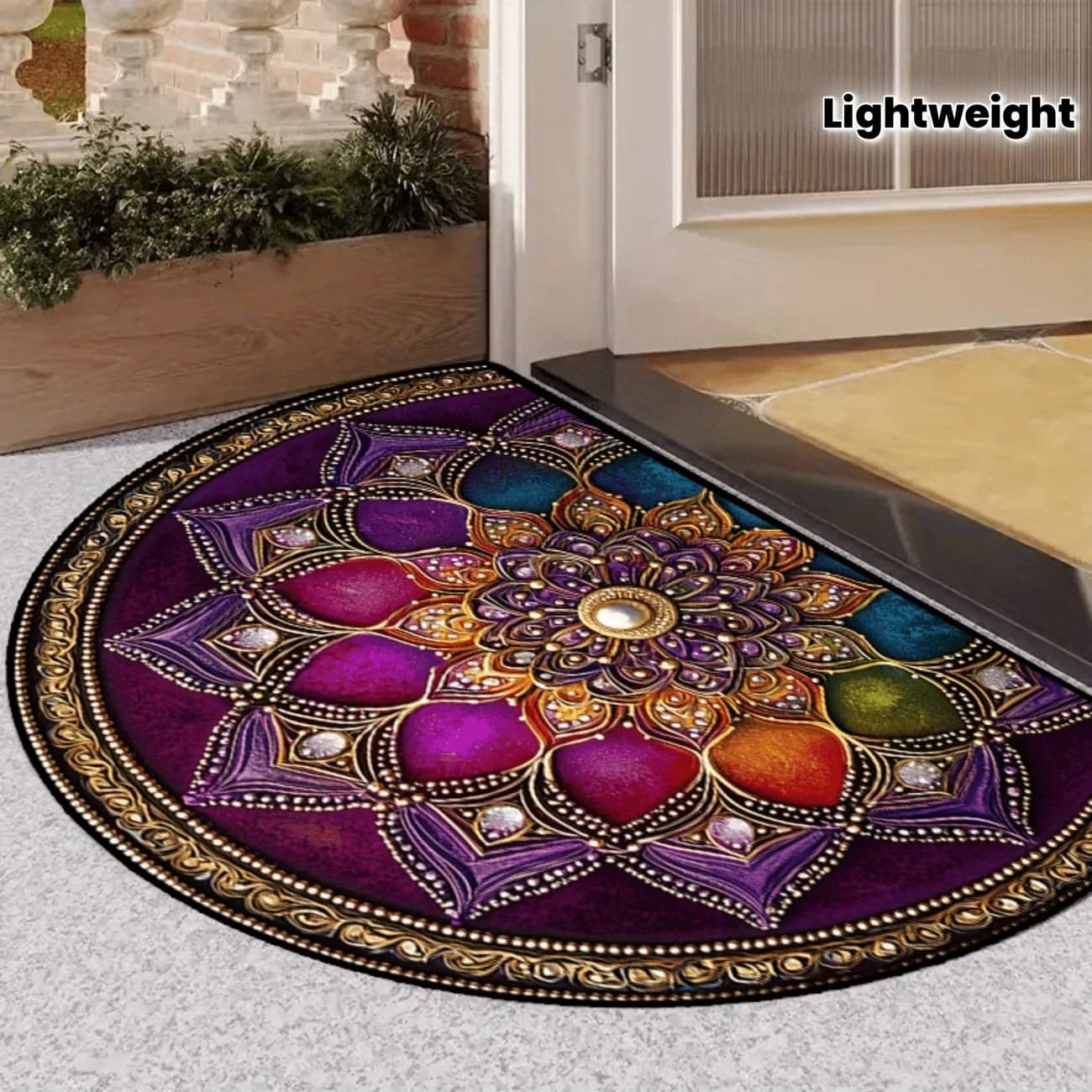 Tappeto VIKAMA con Motivo Etnico Mandala, Resistente e Lavabile, Tappetino Semicircolare per Ingresso, Decorazione per Casa, Tappetino per Yoga
