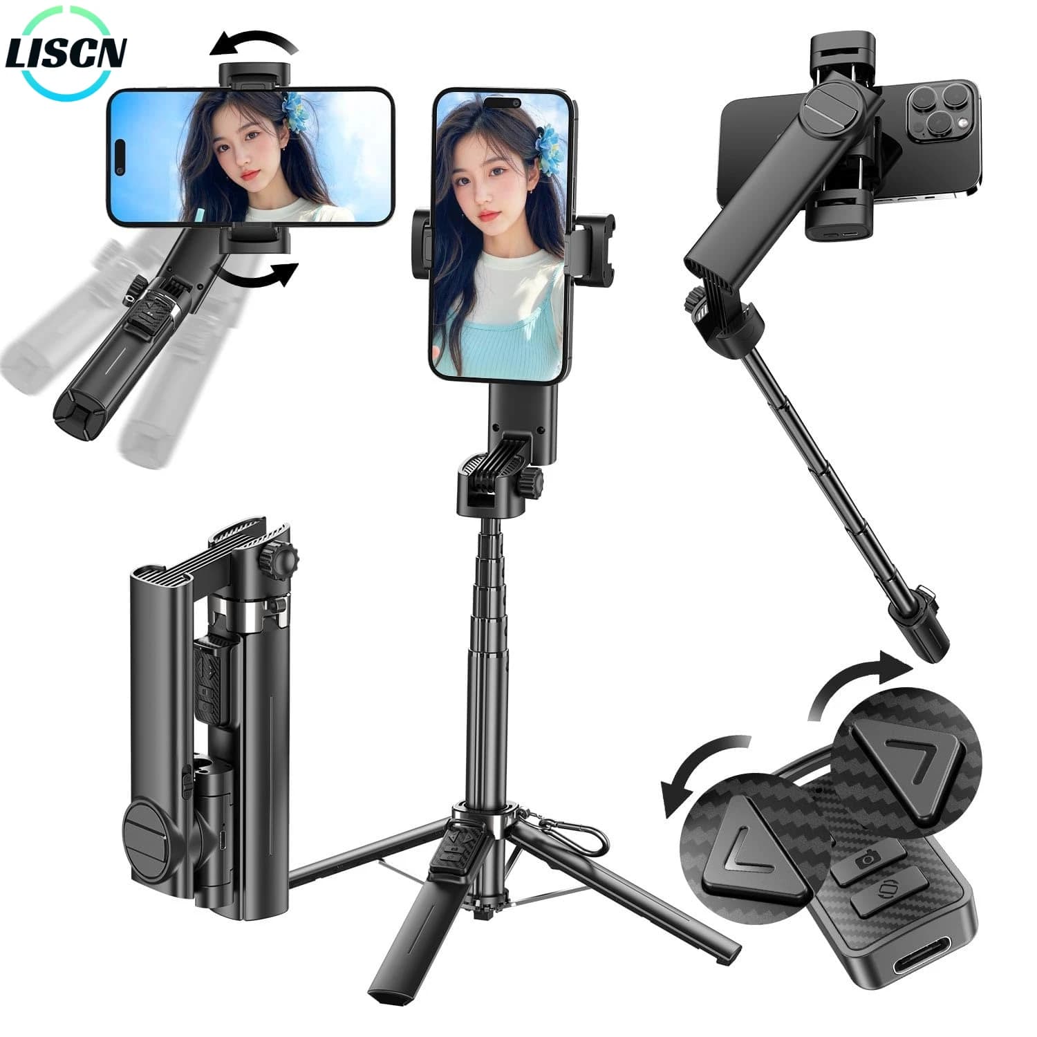 LISCN Q36 Treppiede con giunto cardanico Stabilizzatore ad asse singolo con una sola mano, selfie stick con telecomando Bluetooth Fotografia stabile