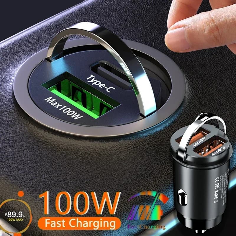 100/200W Mini Car Charger PD Type C Fast Charging For IPhone QC 3.0 USB C Mobile Phone Charger For Samsung Xiaomi Huawei