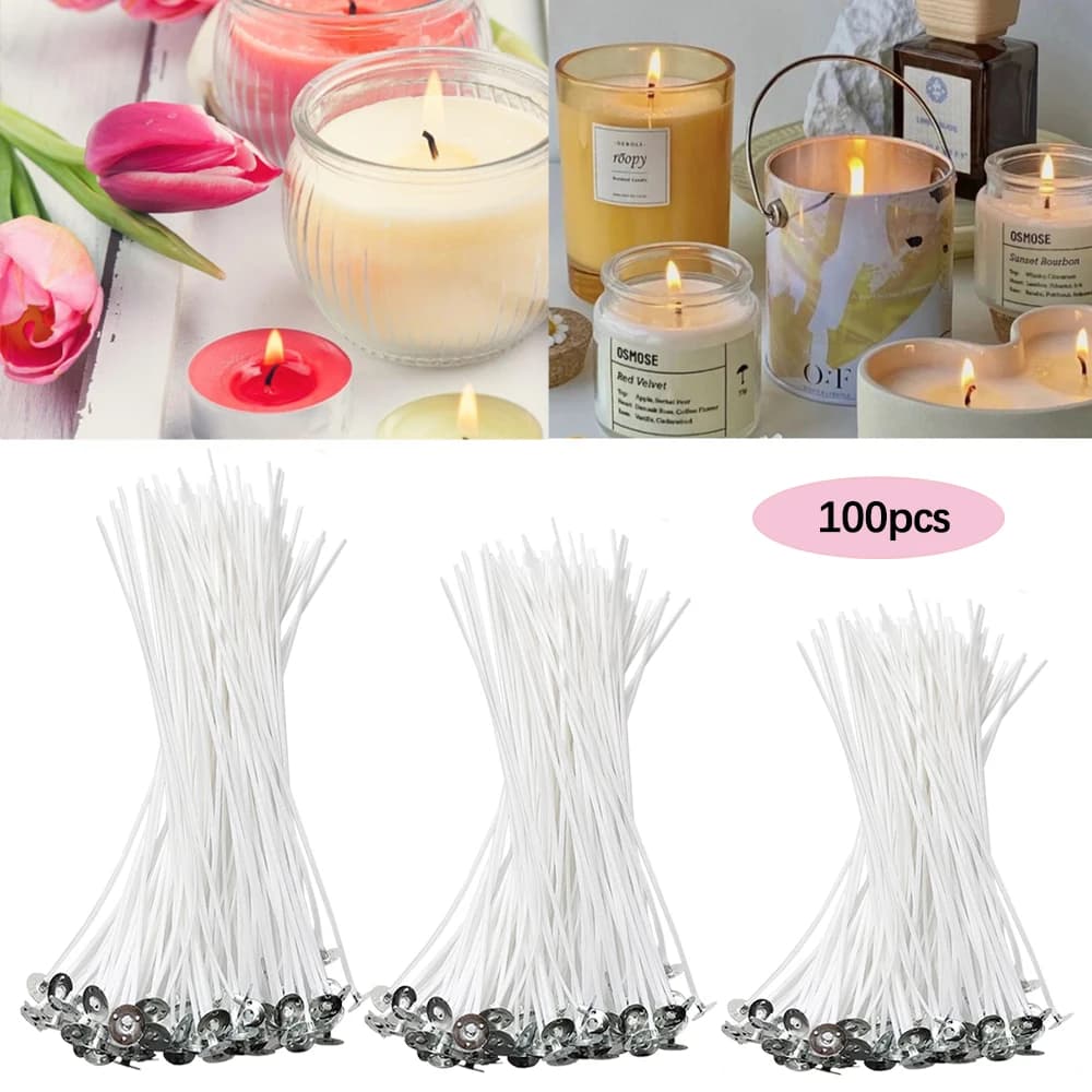 100pcs Smokeless Candle Wicks 2.6-20cm Pre-Waxed Cotton Core Wicks with Metal Sustainer Tabs DIY Handmade Candle Making Tools