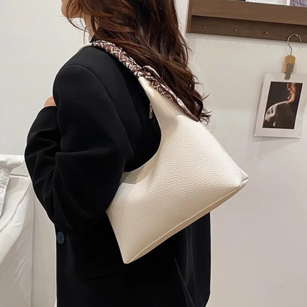 Spacious Textured Tote Bag Durable Zipper Detachable Scarf Leather Shoulder Purse Trendy Versatile Underarm Handbag Work