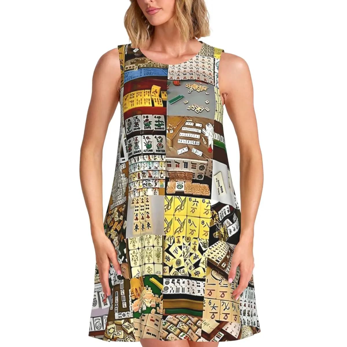Mahjong Collage Summer Abito da donna a maniche corte Abito casual senza maniche con scollo rotondo Abiti larghi Street Robe