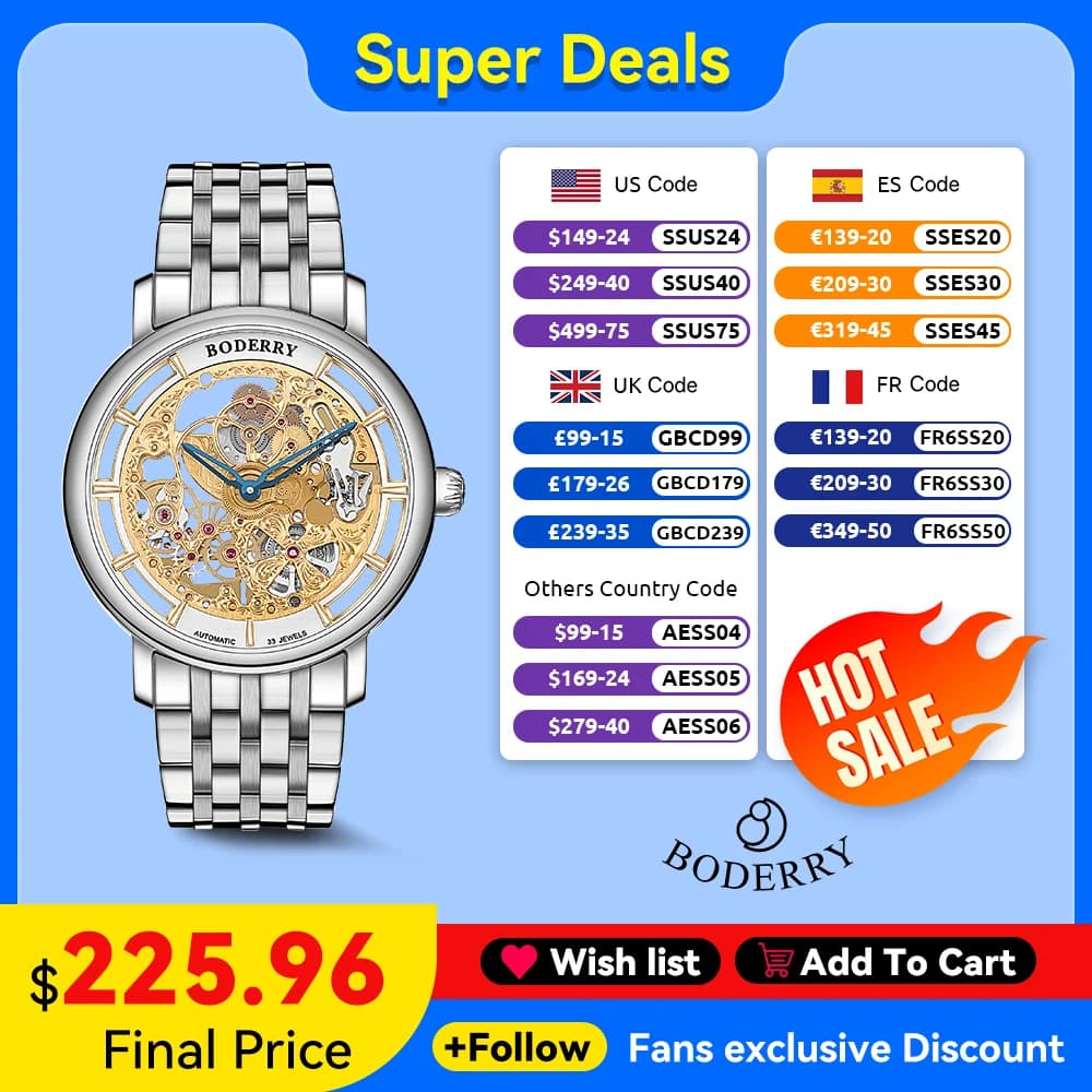 Boderry Orologi Meccanici Automatici ELITE II Orologi da Polso in Vetro Cristallo di Zaffiro Impermeabile HANGZHOU CAL.5521 Movimento per Uomo