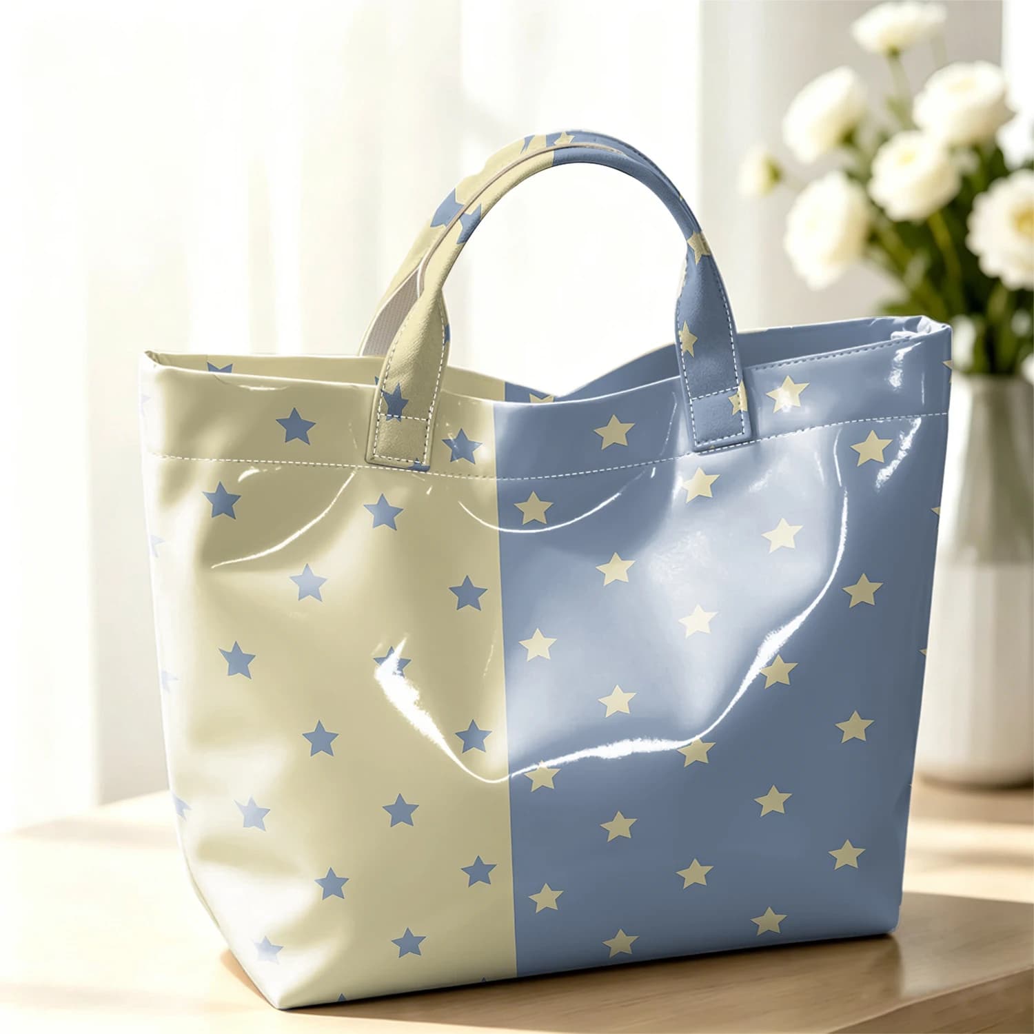 Two Tone Split Star Grid Cute Large Glossy PVC Tote Bag Hand Washable Lightweight Soft Great for Travel Commute Makeup Handbags