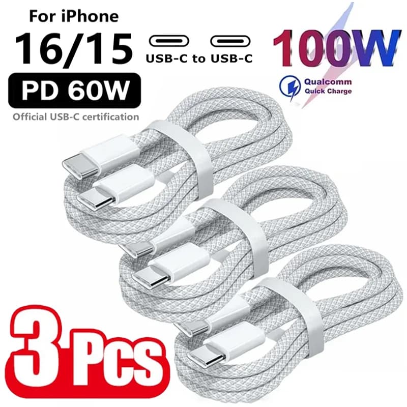 USB C cable from 3 pieces to USB C 100 W Quick Charging Charger Cable Supports Fast Charging for iPhone 16 15 Samsung Xiaomi Huawei etc