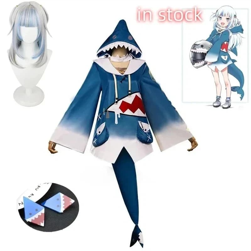 in stock Hololive ENG Gawr Gura Cosplay Costume Nice shark costume with hood for women Halloween Youtuber Cosplay