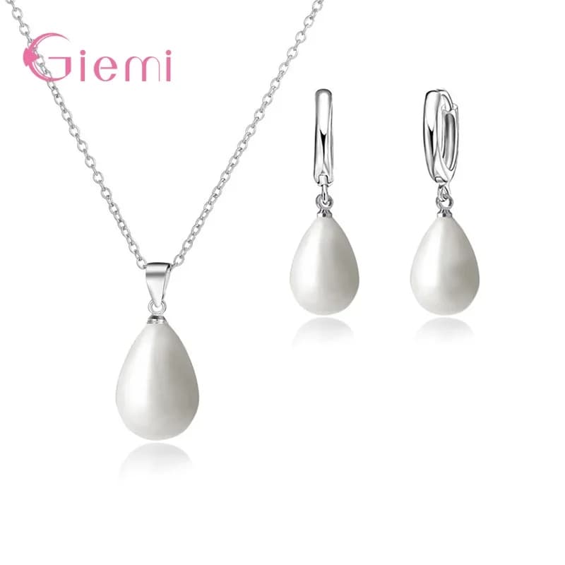 Fast Delivery Women Girls 925 Sterling Silver Jewelry Sets Wedding Engagement Party Waterdrop Pearl Earrings Necklace
