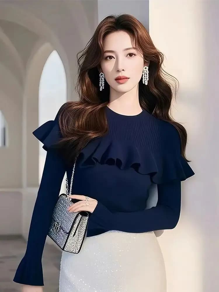 Navy Flare Sleeve Slim Ruffles Sueter Mujer Knitted Sweater Women Pullover Long Sleeve Casual Office Lady Base Shirt Spring 2025