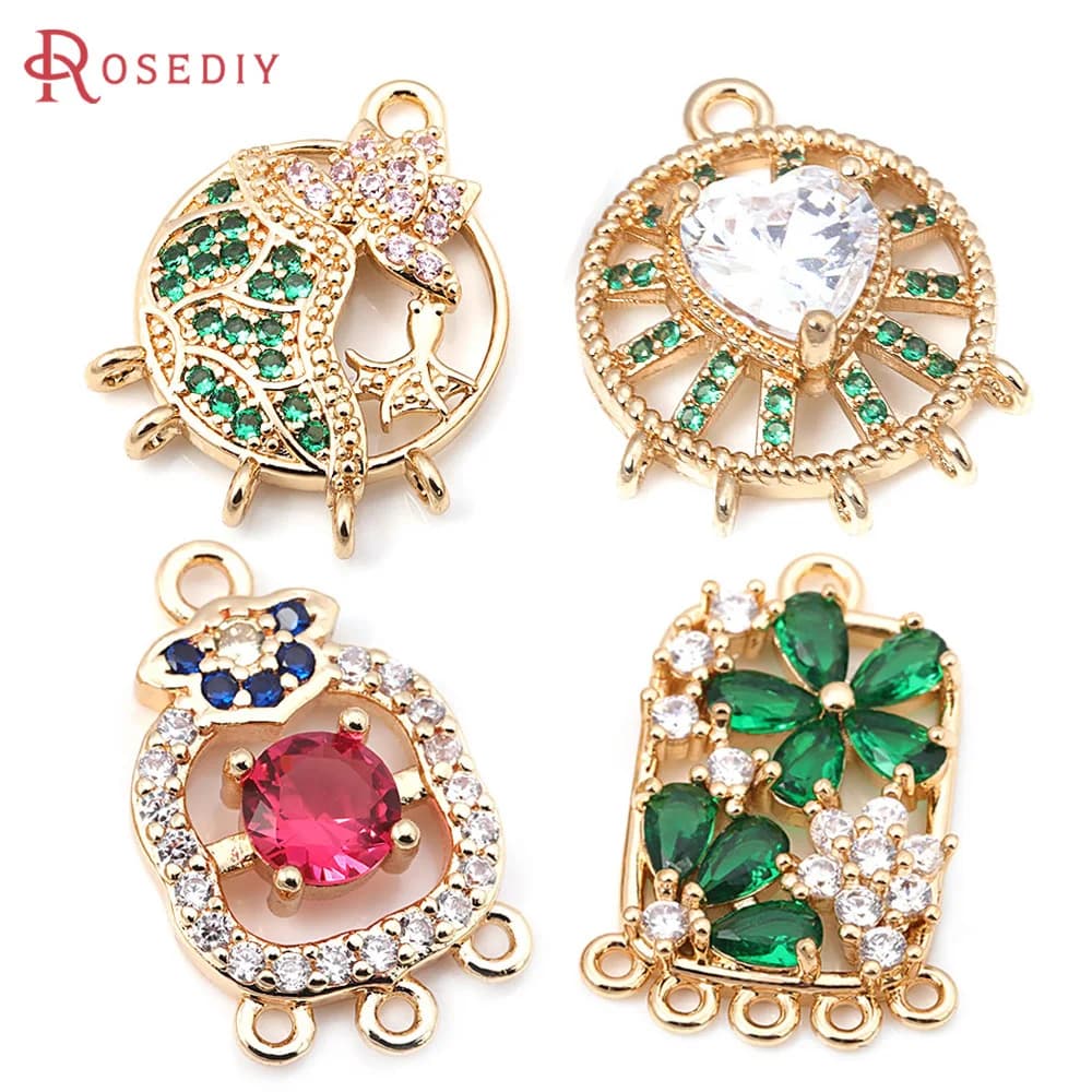 Connettori per Orecchini a Cuore Rotondo in Ottone Placcato Oro 18K e Zirconi, Accessori Fai-da-Te per Creazione di Gioielli
