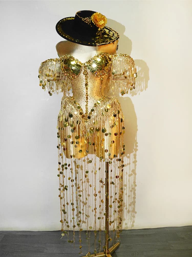 Nuovo Costume da Drag Queen con Frange Dorate, Giacca con Strass, Top Corto, Abbigliamento per Cantanti, Feste in Discoteca, Compleanno, Carnevale, Spettacoli