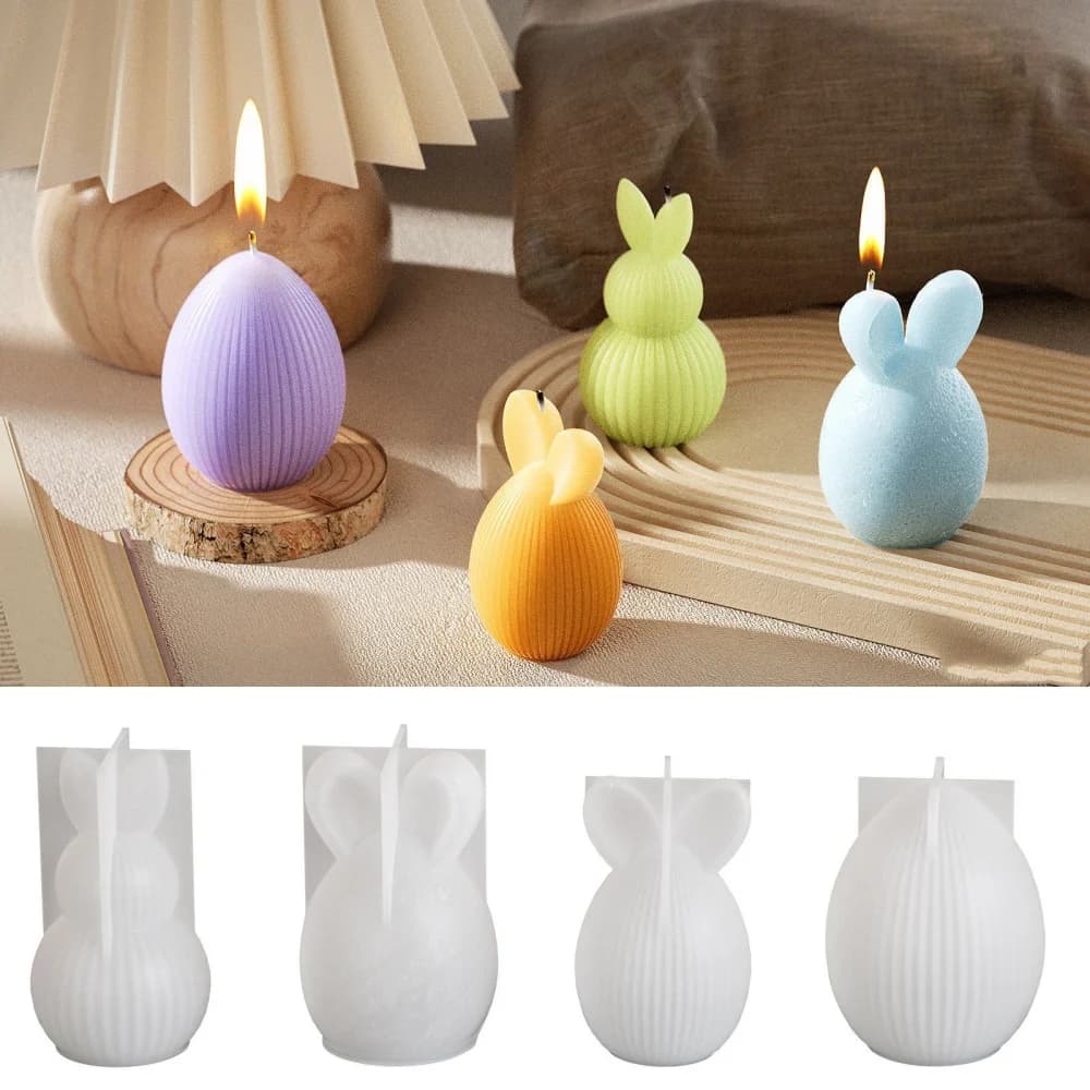 1pc Easter Series Silicone Mold 3D Striped Egg Straight Ear Rabbit Gourd Diamond Pattern Bunny Scented Candle Gypsum Craft Mold