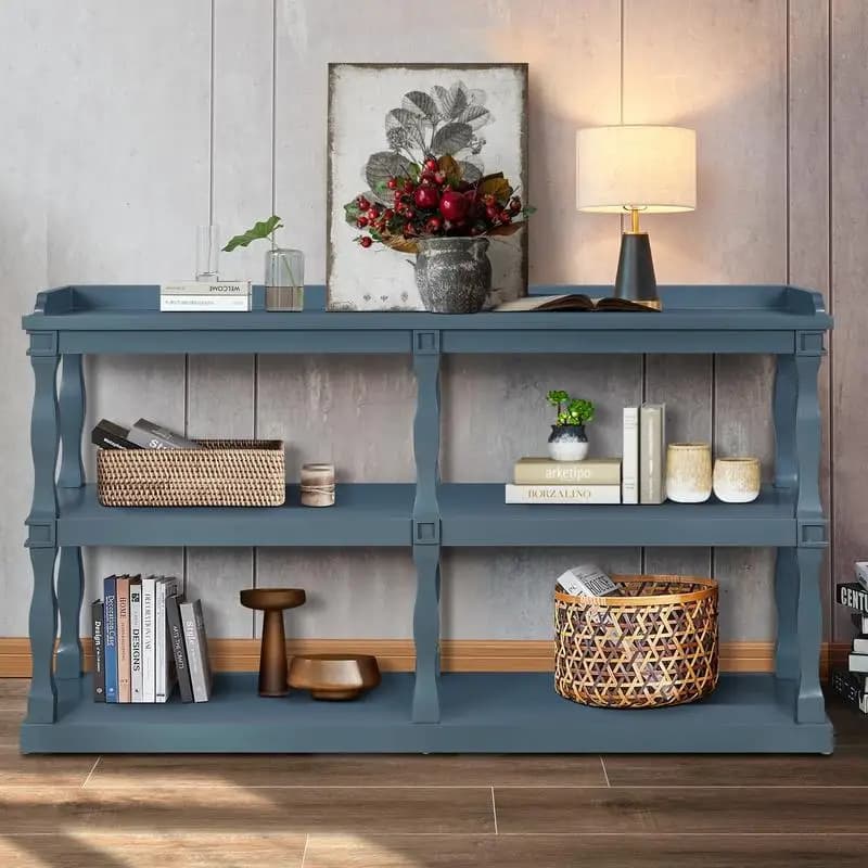 Consolle stretta con contenitore aperto a 3 livelli, gambe a colonna romana, per soggiorno, ingresso, corridoio (blu navy)