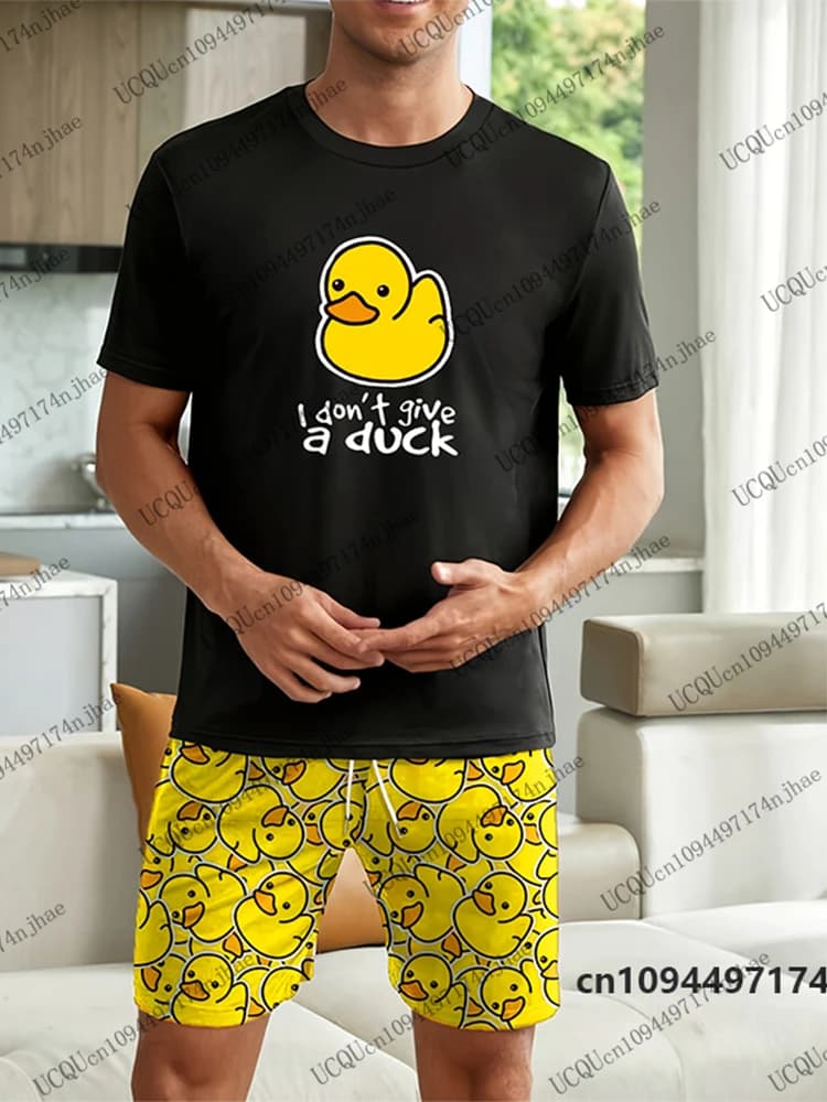 2026 Men's Sets Cartoon Duck Print Short Sleeve T-Shirt+Shorts Sets Casual Home Suit Oversized 2 Piece Outfits Male Clothes