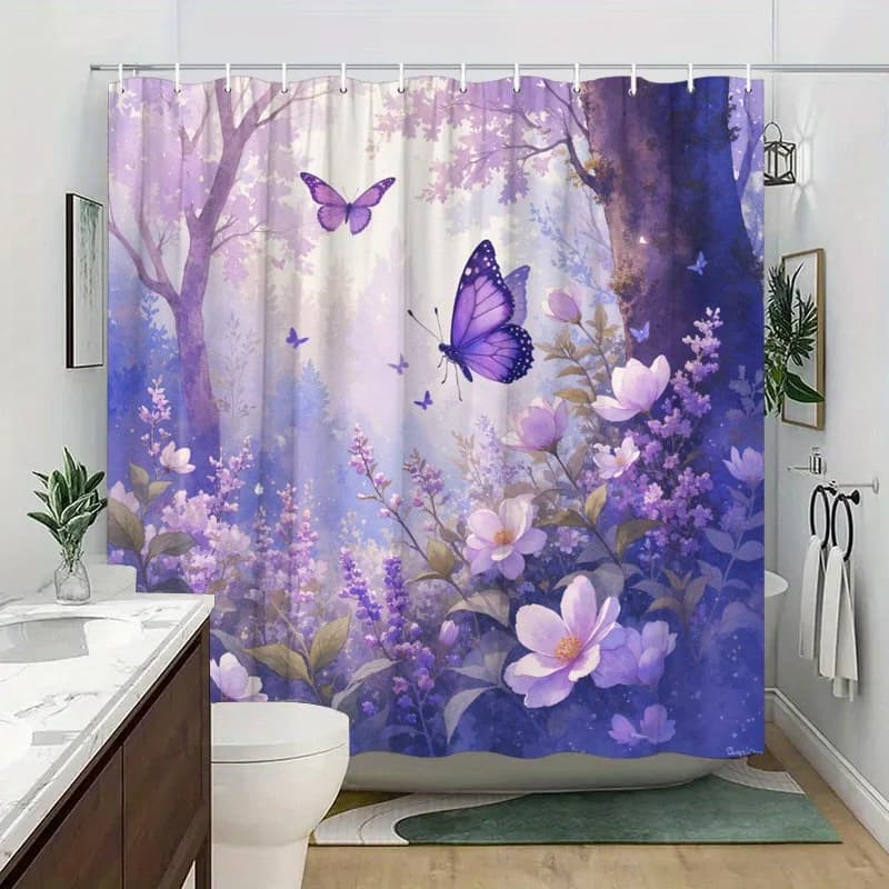 1pc Mystical Forest Shower Curtain - Enchanted Purple Butterfly & Lavender Floral Design, Polyester Bathroom Decor with 12 Hooks