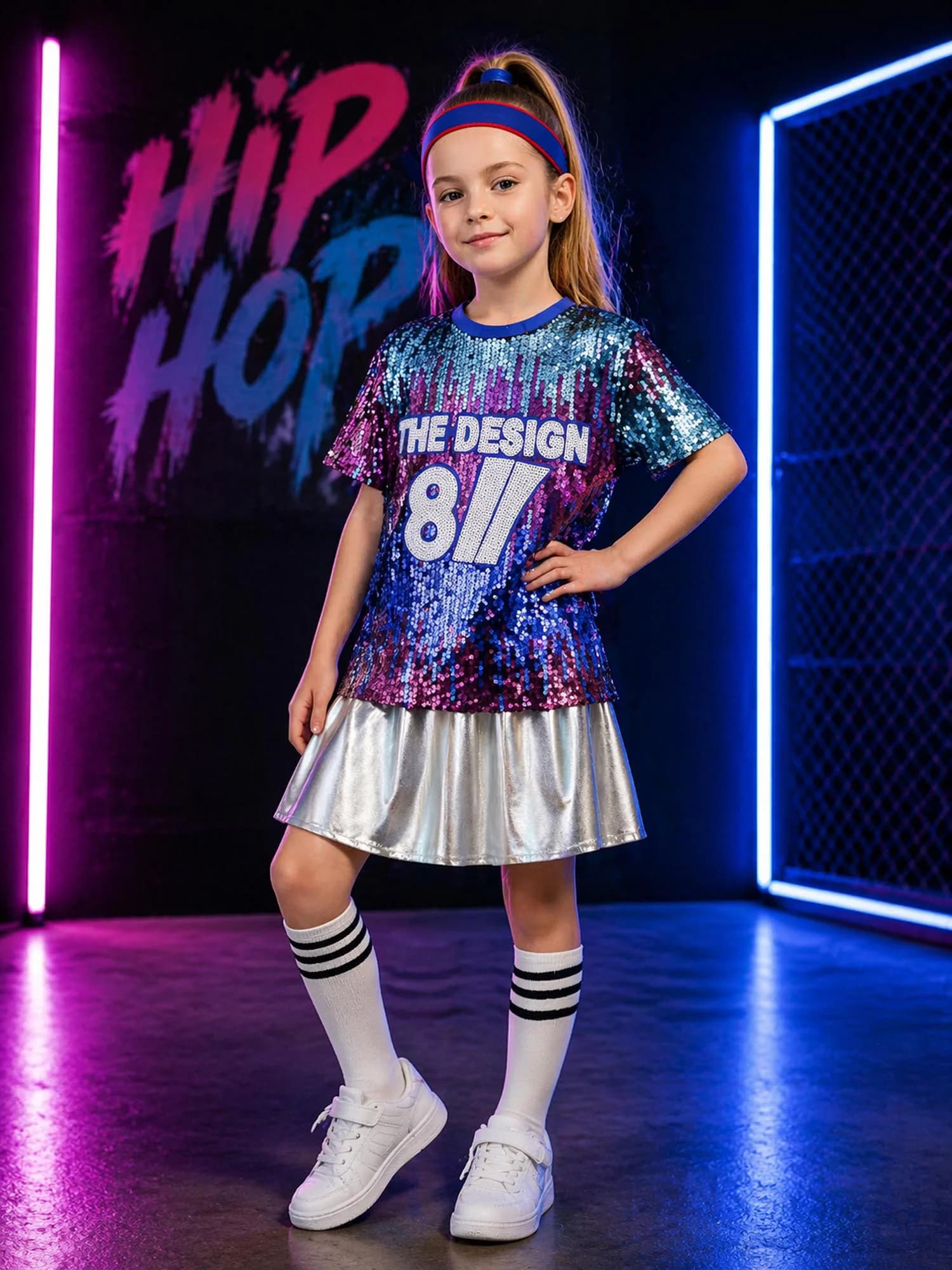 Costume da Cheerleader per Esibizioni, T-shirt a Maniche Corte con Paillettes Sfumate e Pantaloncini/Gonna Metallizzati Lucidi