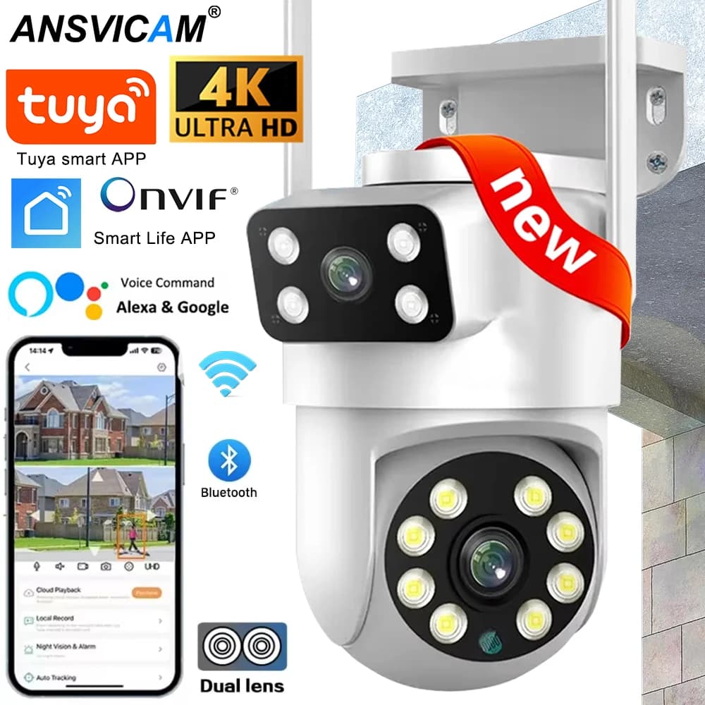 4K 8MP Double Lens PTZ WIFI Full HD Camera Double Screen To Human Car Tracking 4MP Supervisory Camera Tuya