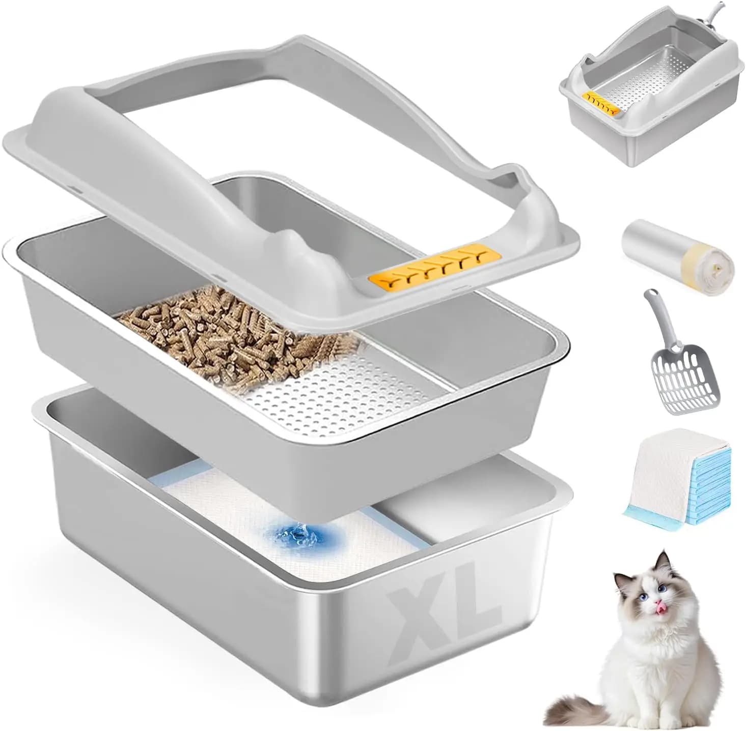 Lettiera per Gatti XL in Acciaio Inossidabile con Coperchio, Lettiera a Griglia per Gatti Grandi, Bordi Alti, Anti-Perdita, Facile da Pulire