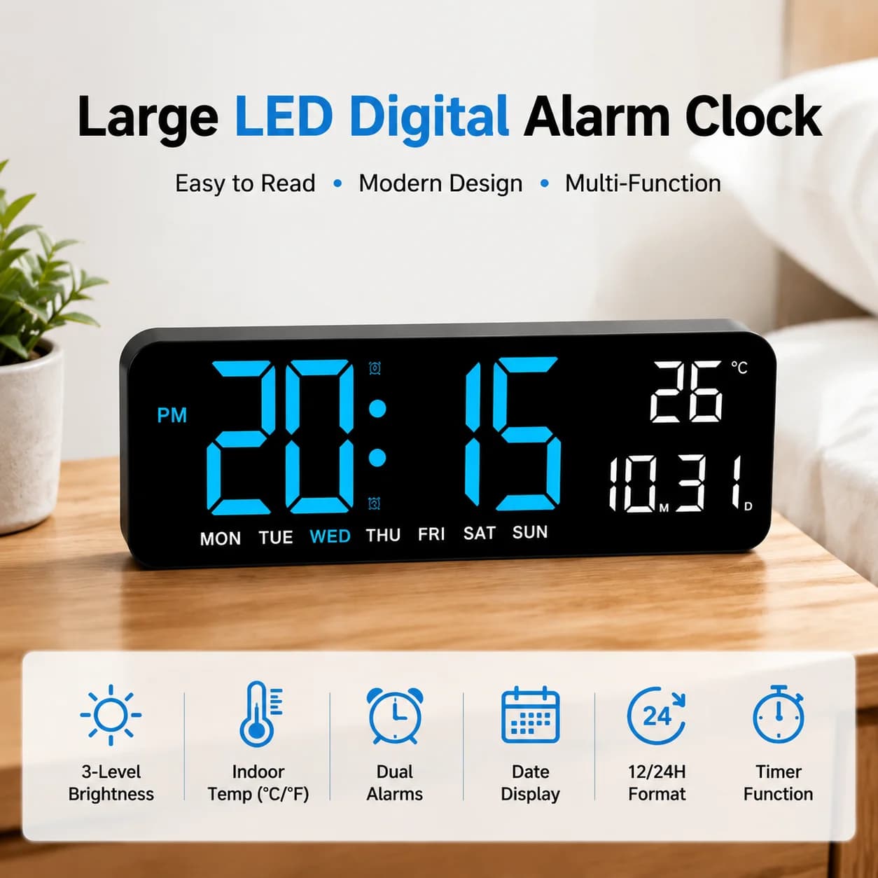 Orologio da parete digitale a LED di grandi dimensioni, display con data, temperatura e settimana, luminosità regolabile, doppio allarme, modalità oraria 12/24 ore, conto alla rovescia, orologio da scrivania per l'arredamento di casa e ufficio
