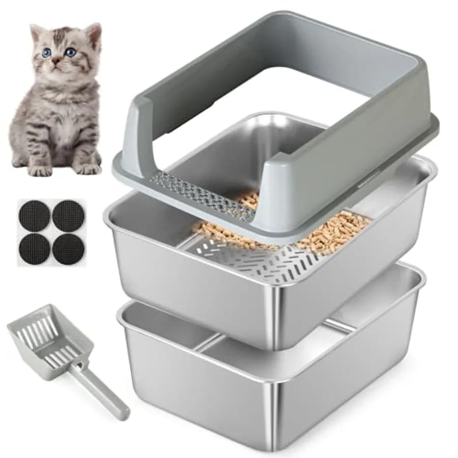 Stainless Steel Sifting Litter Box for Pine Pellets, Sifting Cat Litter Box with Sifter, High Side for Small Cats, Anti-Leakage