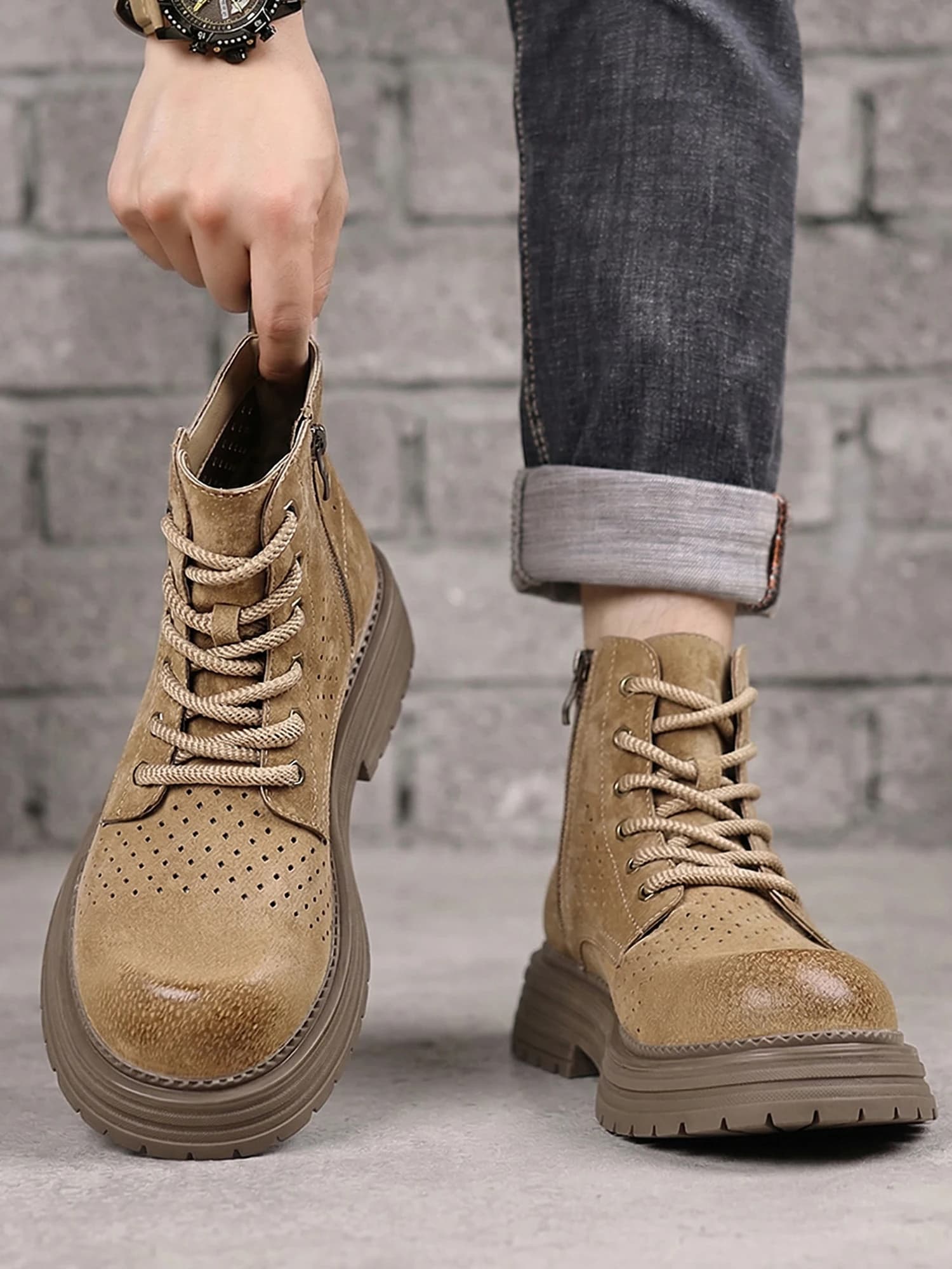 Men's Hollow out Boots Summer Breathable Retro High Top 2026 New Style British Fashion Genuine Leather Trendy Work Boots