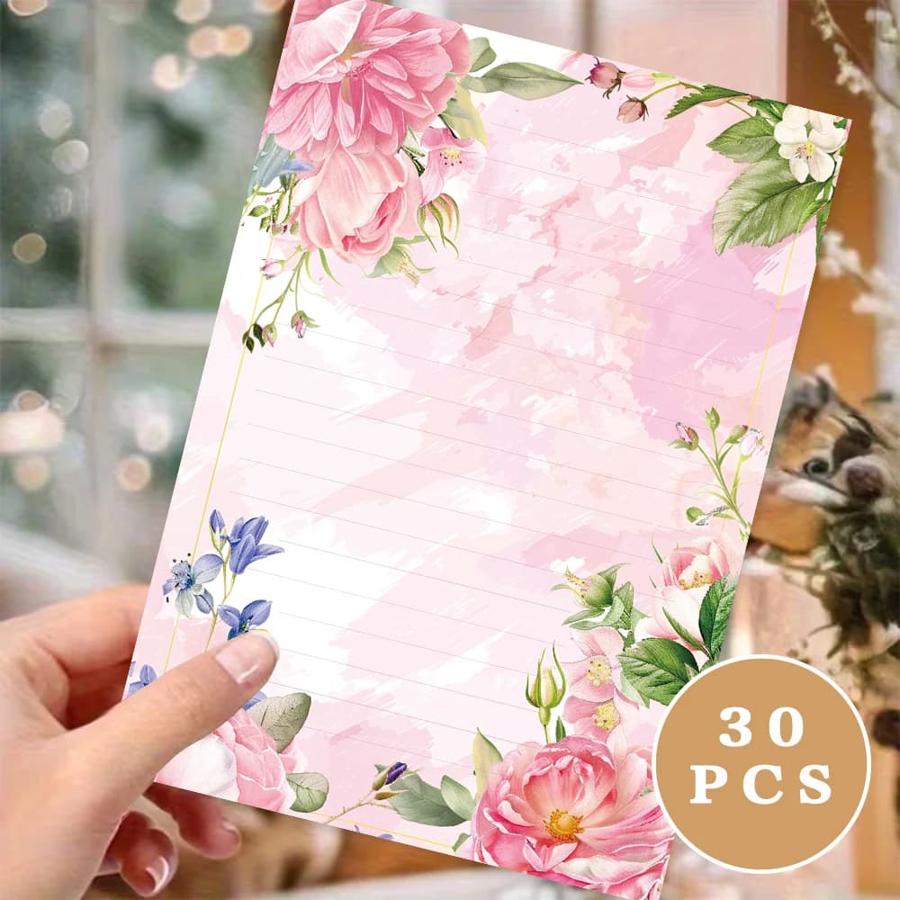 30 sheets. B5 pink healing floral stationery paper, watercolor-style letter paper, tearable notepad, perfect for writing letters