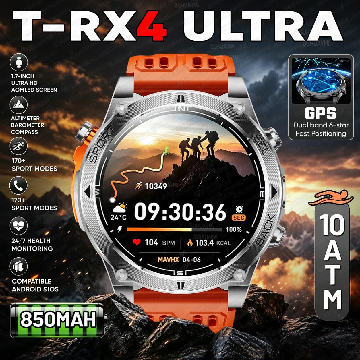 New T-RX4 Ultra Outdoor Sports Smart Watch Built in GPS Compass Altimeter Barometer 10ATM waterproof Military Smartwatch For Men