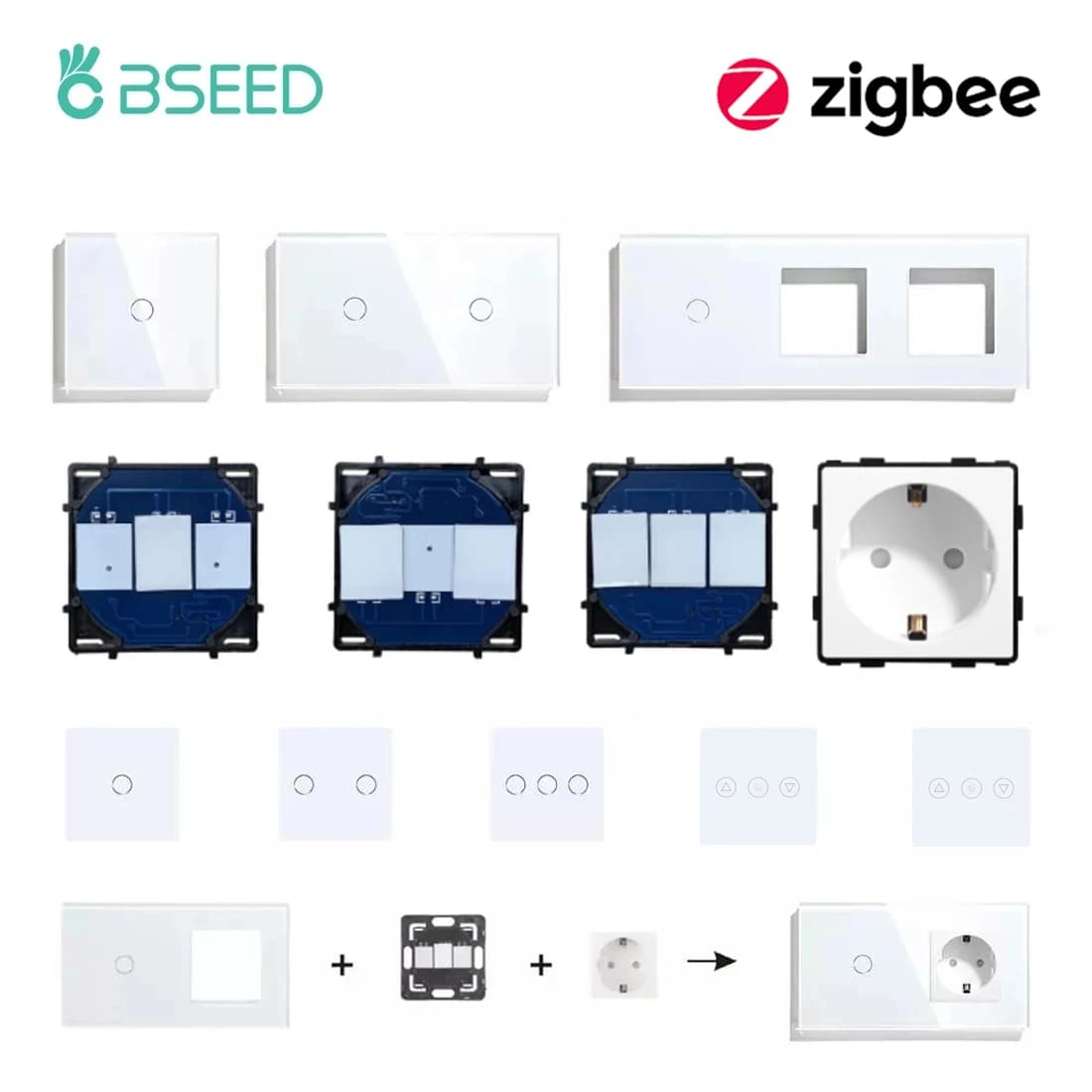 BSEED 1/2/3Gang Smart Zigbee Interruttori Funzione Parte Touch Pannello frontale in vetro Presa a muro UE Smart Plug Parti fai da te Combinazione gratuita