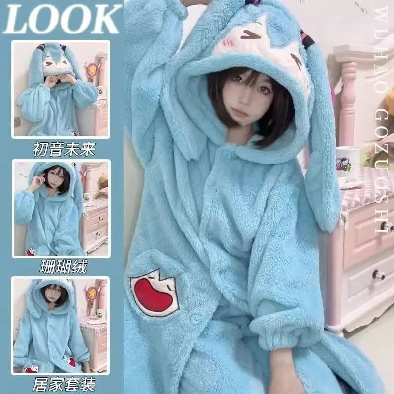 Miku Anime Pajamas Cute Winter Coral Velvet Thickened Pajamas Set Cartoon Home Winter Warm Clothing Birthday Gifts