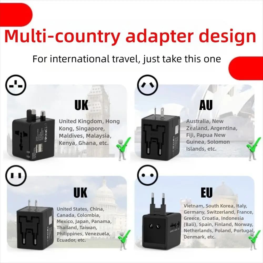 Nuovo adattatore per spina all-in-one con convertitore universale per adattatore da viaggio Euro nero da 2 USB
