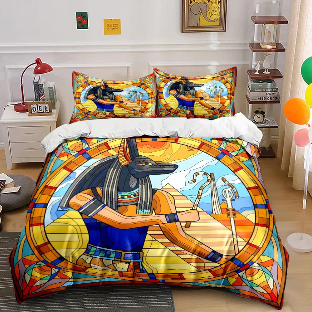 Set di biancheria da letto con stampa in vetro colorato con mitologia egiziana, morbido e confortevole, include 1 copripiumino e 2 federe.